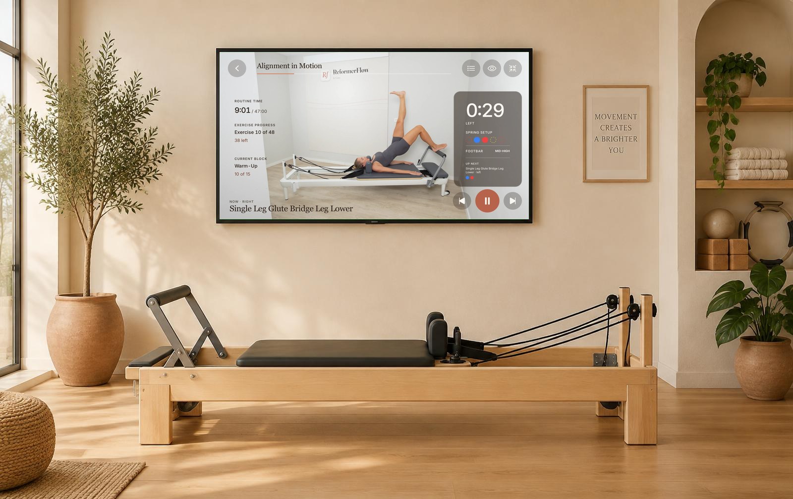ReformerFlow guided workout showing exercise video, timing, spring setup and the next exercise