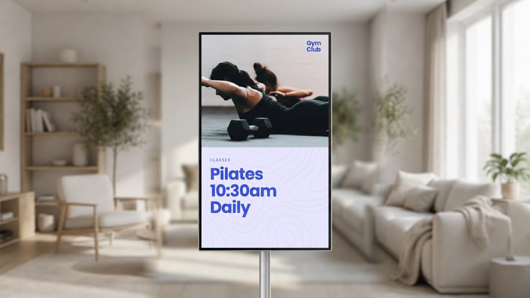 Studio information screen displaying a Pilates class announcement