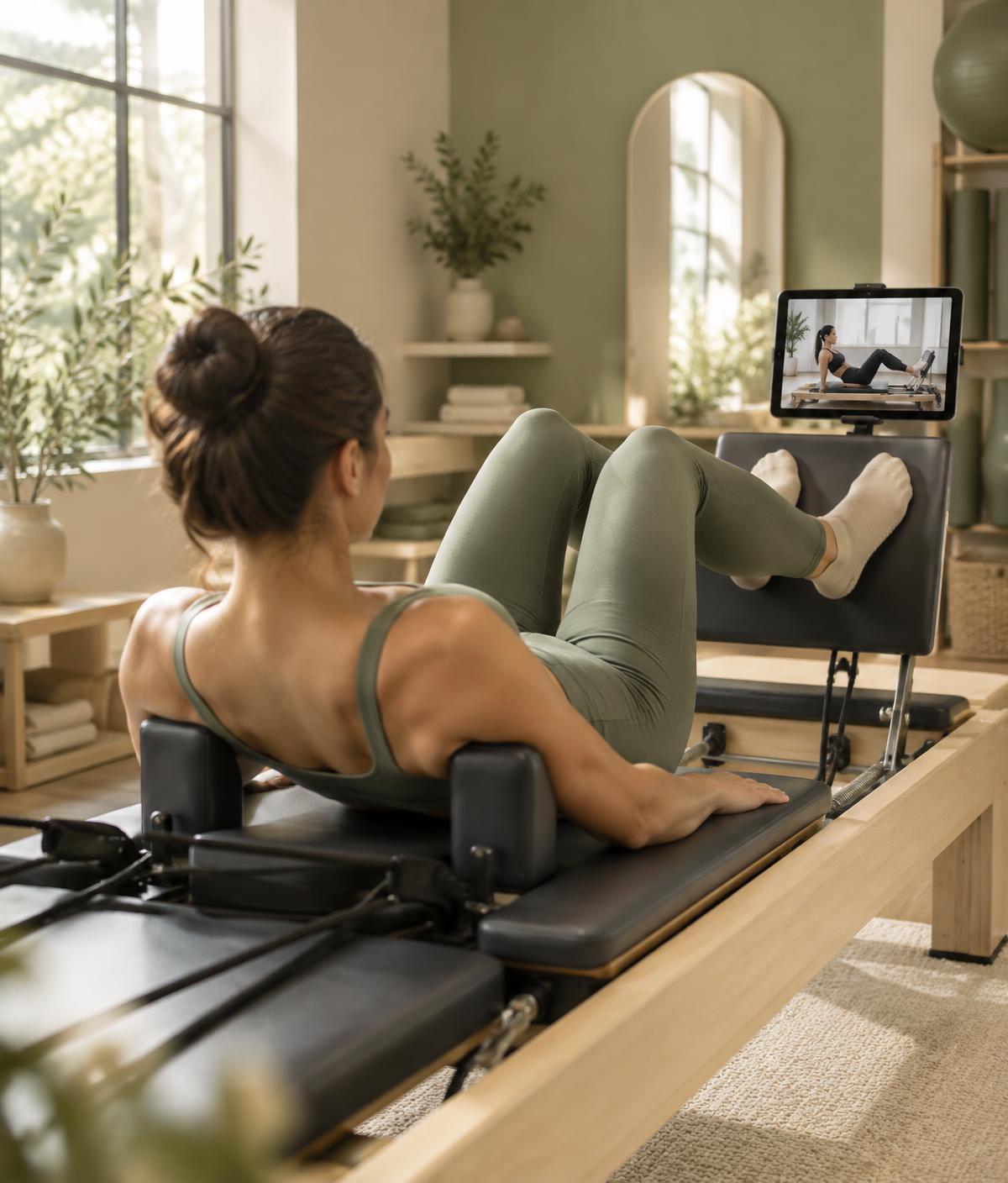 Member training on a reformer while following the kiosk's guided workout